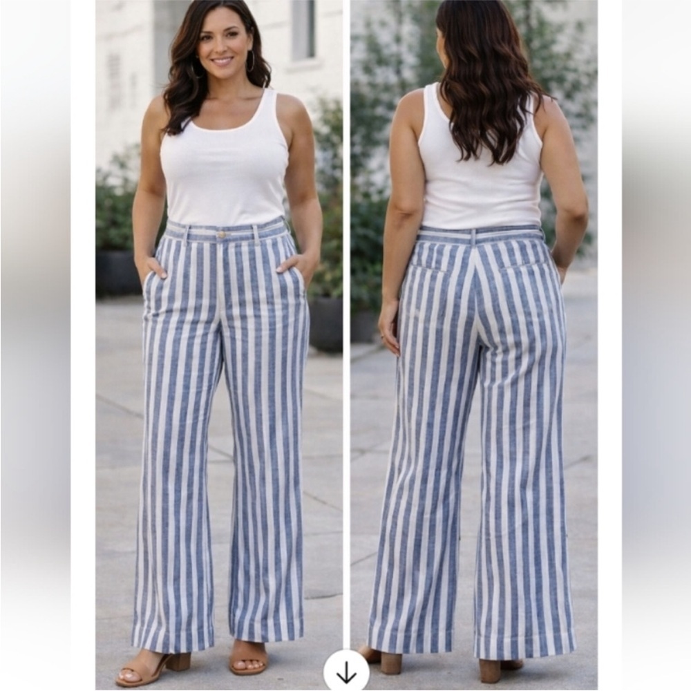 Anthropologie Linen Blue Stripe Wide Leg High-Rise Stripe Pants - Picture 2 of 8